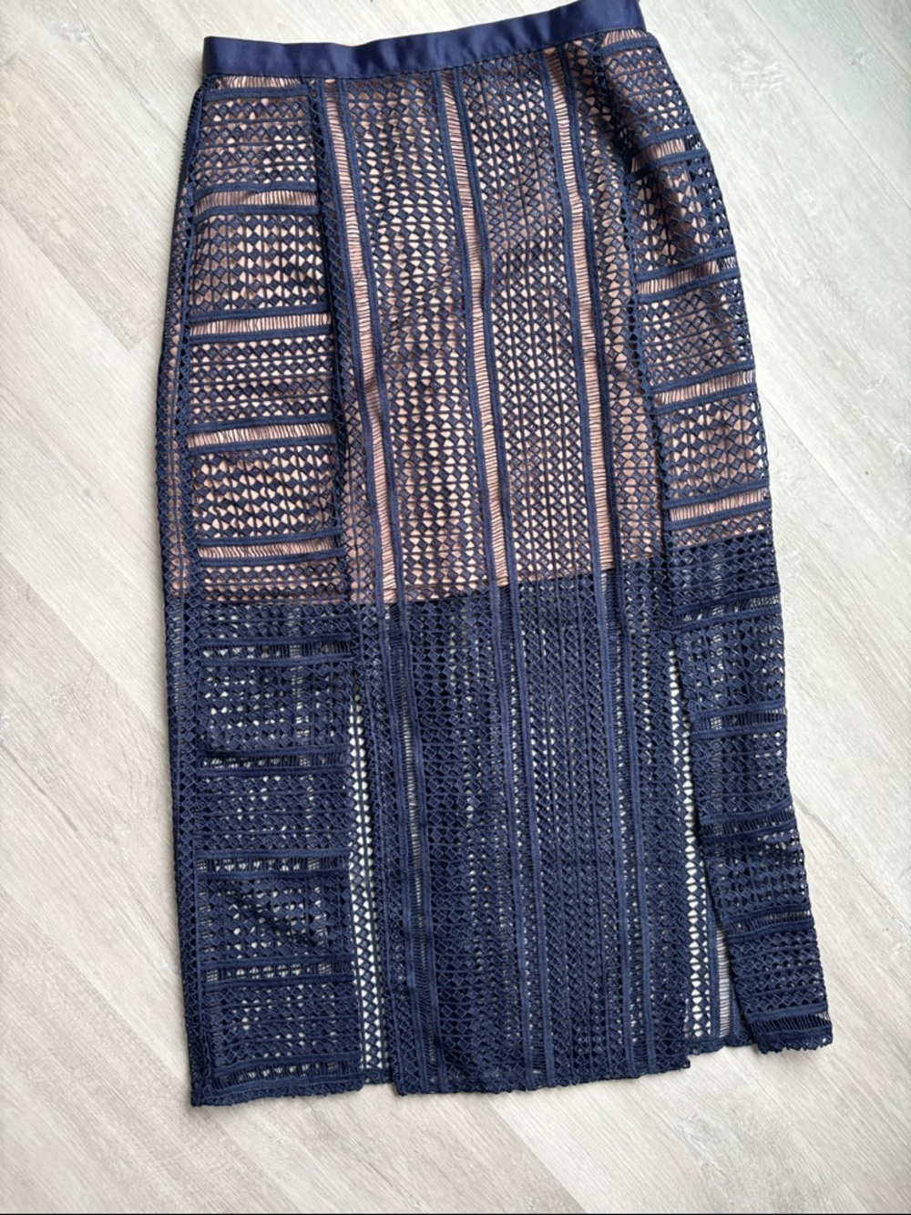 Topshop Navy Crochet Midi Skirt with Nude Lining